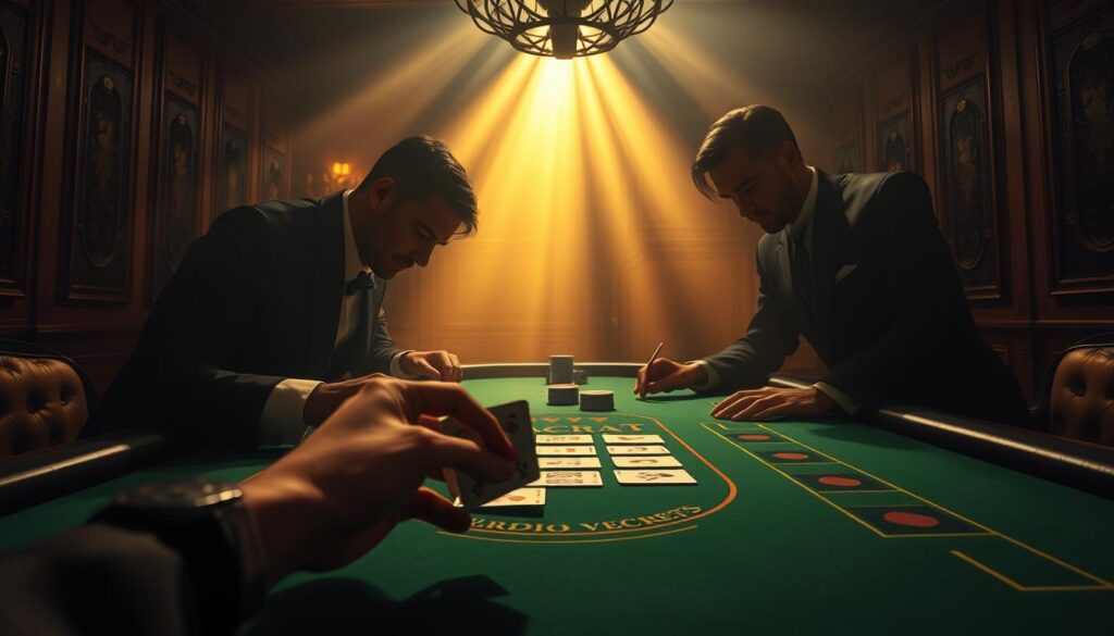 A dimly lit casino table with a green felt surface, the familiar layout of a baccarat game clearly visible. Shadowy figures lean in, studying the cards intently, their expressions a mix of concentration and anticipation. Rays of warm, golden light filter through the hazy atmosphere, casting a romantic glow over the scene. The table is surrounded by ornate, wooden paneling, hinting at the luxurious ambiance of an exclusive gaming establishment. In the foreground, a pair of skilled hands expertly manipulate the cards, revealing the secrets to winning at this captivating game of chance.
