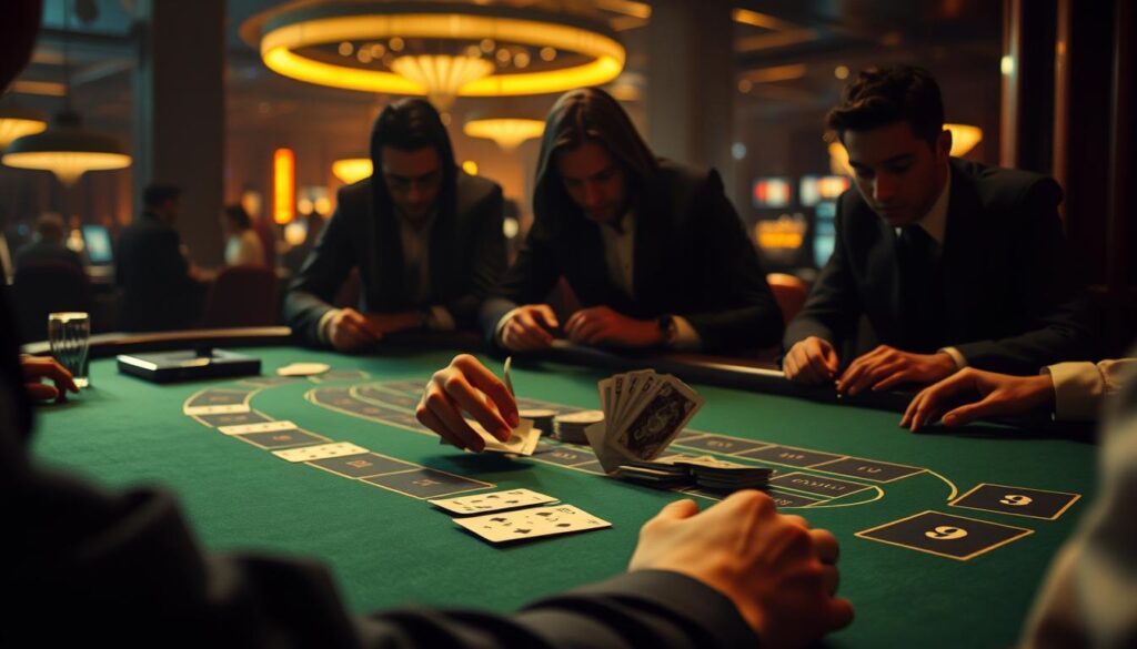 A dimly lit casino table with a green felt surface, the iconic baccarat layout clearly visible. In the foreground, a dealer's hands expertly dealing cards, their movements precise and practiced. Surrounding the table, shadowy figures lean in, faces obscured, creating an atmosphere of hushed intensity. The lighting is warm and atmospheric, casting a soft glow over the scene. In the background, the faint outline of other gaming tables can be seen, further reinforcing the setting of a bustling casino. The overall mood is one of strategic contemplation, as players study the cards and ponder their next move in this classic card game.