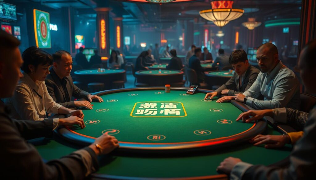 A dimly lit casino table with a green felt surface, the iconic "百家樂" characters prominently displayed in the center. The table is surrounded by players engaged in the game, their expressions focused and intent. The lighting is soft and warm, creating a sense of mystery and anticipation. In the background, the faint silhouettes of other gaming tables and the bustling casino atmosphere can be seen, hinting at the larger world of high-stakes gambling. The overall composition captures the essence of the classic casino experience, inviting the viewer to step into the thrilling world of "百家樂" and explore its fundamental rules and strategies.