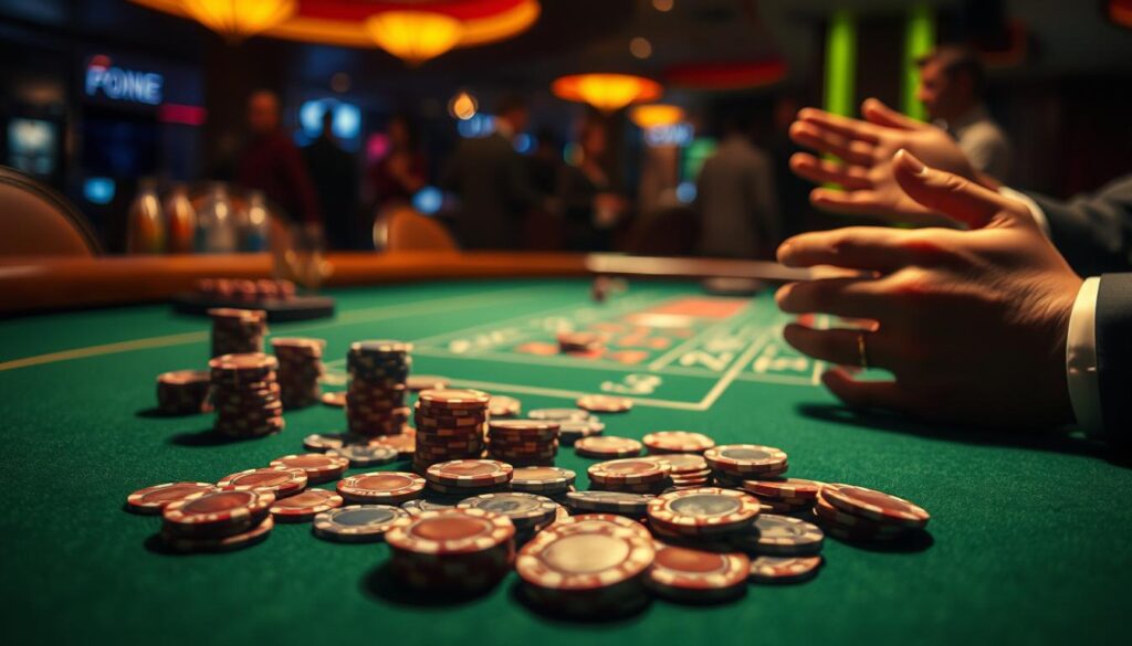 A dimly lit casino table with a green felt surface, the wood grain of the table visible. Scattered casino chips in various denominations in the foreground, some stacked neatly, others haphazardly arranged. A pair of hands, one holding a stack of chips, the other gesturing thoughtfully. The lighting is warm and atmospheric, creating shadows and highlights that accentuate the textures of the materials. The background is blurred, suggesting the bustling activity of the casino, but the focus remains on the careful management of resources, the strategic decision-making process of the player.