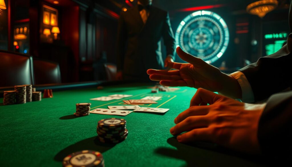 A dimly lit casino table with a luxurious green felt surface. On the table, casino chips, playing cards, and a croupier's hand gesturing the "baccarat drawing rules". The scene is captured from a low angle, creating a sense of grandeur and importance. The lighting is warm and atmospheric, casting dramatic shadows that accentuate the details of the table's surface and the players' hands. The overall mood is one of strategic contemplation, as the focus is on the specific rules and mechanics of the baccarat drawing process, a critical element of mastering this classic casino game.