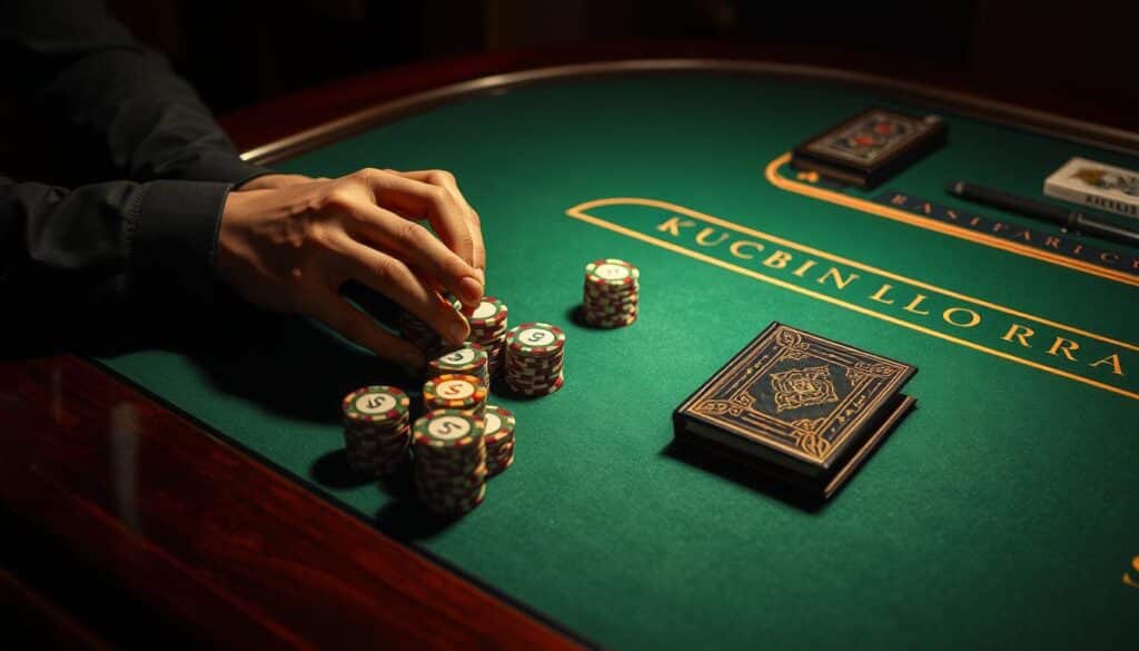 A dimly lit casino table with green felt, elegant wooden edges, and a subtle spotlight casting a warm glow. A pair of hands carefully stacking casino chips in various denominations, meticulously arranging them in strategic piles. The table surface is clear, save for a discreet deck of cards and a single, well-worn leather-bound book detailing the nuances of Baccarat gameplay. The atmosphere is one of concentration and calculated risk, hinting at the intricate strategies and techniques required to navigate the art of Baccarat with skill and finesse.