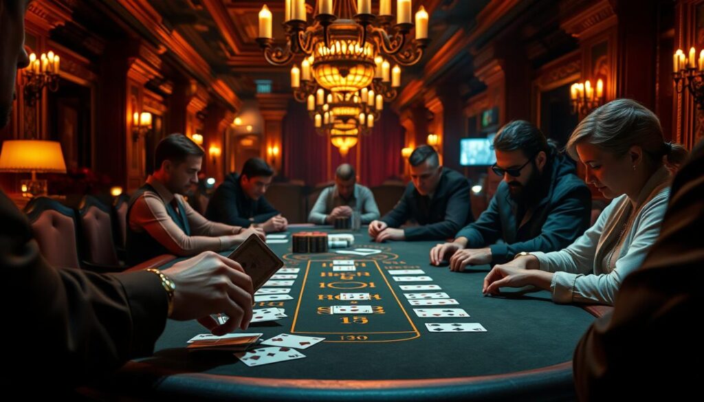 A dimly lit casino table with the classic baccarat layout. In the foreground, the dealer's hands expertly deal cards, their movements precise and practiced. The middle ground features players intently studying their cards, expressions of concentration and anticipation. In the background, the ornate decor of the gaming hall sets the mood - plush velvet, gilded accents, and a warm, amber glow from the chandeliers overhead. The scene conveys the tension and excitement of the baccarat game, with a focus on the strategies and techniques employed by experienced players. Cinematic lighting emphasizes the drama of the moment, creating an immersive and visually compelling illustration of common baccarat gameplay.