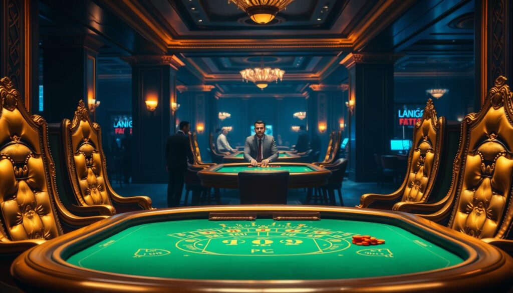 A dimly lit, elegant casino interior featuring a classic baccarat table in the foreground. The table is illuminated by warm, indirect lighting, highlighting the green felt surface and the gilded edges. Regal, high-backed chairs surround the table, creating an atmosphere of sophistication and exclusivity. In the middle ground, a few well-dressed patrons are observing the game, their expressions focused and intent. The background is softly blurred, but suggests the presence of other gaming tables and the overall grandeur of the casino. The image conveys the essence of the fundamental rules and traditions of the baccarat game.