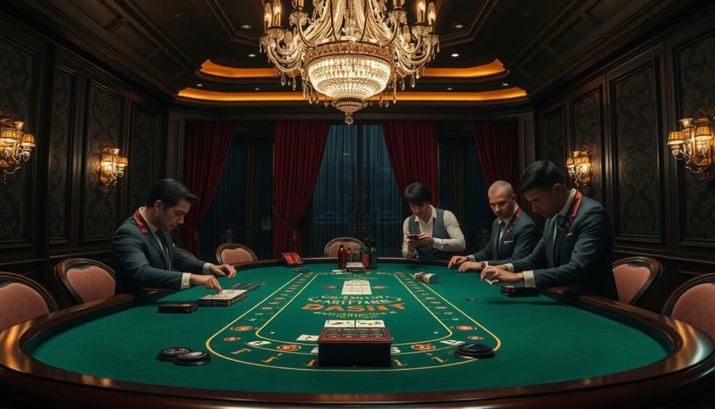 A dimly lit, elegant casino interior with a baccarat table at the center. The table is adorned with green felt, polished wood, and ornate brass details. Dealers in crisp uniforms shuffle cards and interact with players, their faces conveying a sense of concentration and anticipation. Overhead, a grand, crystal chandelier casts a warm, inviting glow across the scene. In the background, subtle patterns on the walls and rich, burgundy curtains create a sophisticated atmosphere. The overall composition captures the essence of the baccarat gaming experience - a harmonious blend of refined elegance and strategic gameplay.