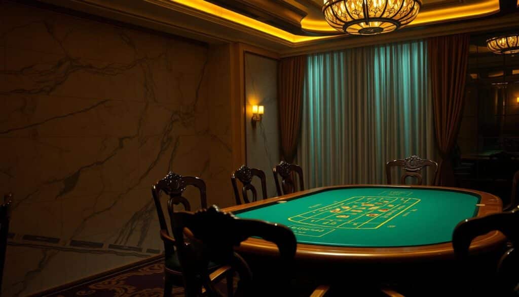 A dimly lit, elegant casino interior with a classic baccarat table in the foreground. The table is adorned with green felt and surrounded by ornate wooden chairs. Soft, warm lighting casts a golden glow across the scene, creating an air of sophistication and exclusivity. In the background, a marble-clad wall and plush curtains suggest an upscale establishment. The composition emphasizes the allure and mystique of the baccarat game, inviting the viewer to explore the strategies and techniques required to master this captivating experience.
