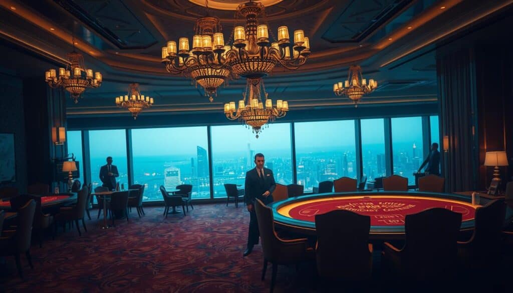 A dimly lit, elegant casino interior with a sophisticated ambiance. The foreground features a well-dressed dealer standing at a luxurious baccarat table, inviting patrons to partake in the high-stakes game. The middle ground showcases opulent chandeliers casting a warm glow over the plush carpet and richly upholstered chairs. In the background, a panoramic view of the city skyline can be seen through large, ornate windows, hinting at the exclusive and prestigious nature of this establishment. The overall scene conveys an air of exclusivity, exclusivity, and the allure of high-stakes gambling in a premium setting.