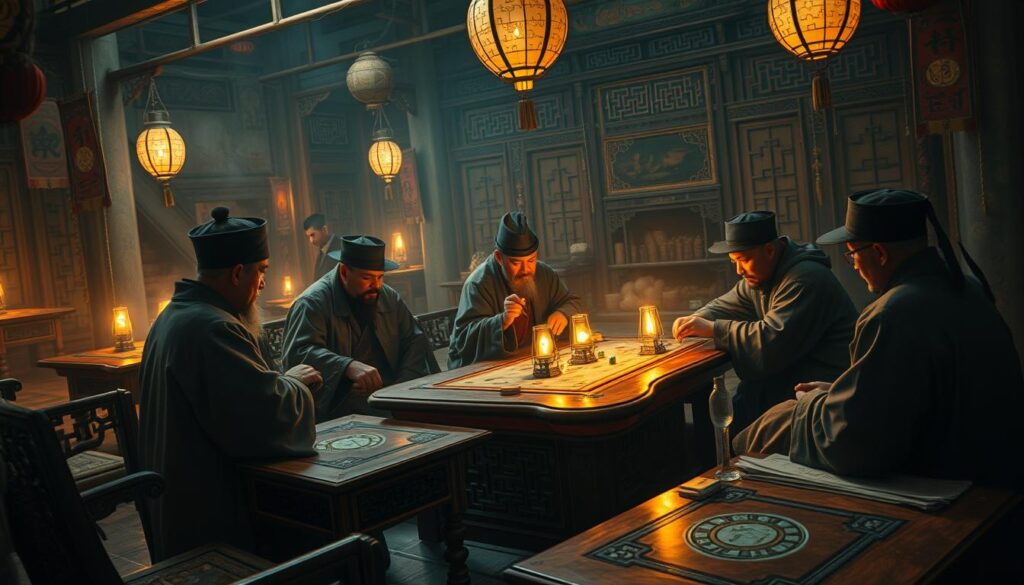 A dimly lit gambling den in ancient China, the air thick with the scent of incense and the sound of wooden dice clattering across a worn table. In the center, a group of men in traditional robes and hats huddle around a game of Baccarat, their faces lit by the flickering glow of oil lamps. The tables are adorned with intricate carvings and jade inlays, reflecting the rich history and cultural significance of this traditional pastime. In the shadows, a lone scholar observes the proceedings, chronicling the evolution of this captivating game that has captivated the hearts of the Chinese people for centuries. A sense of timelessness pervades the scene, as the players engage in a timeless dance of skill, strategy, and chance.