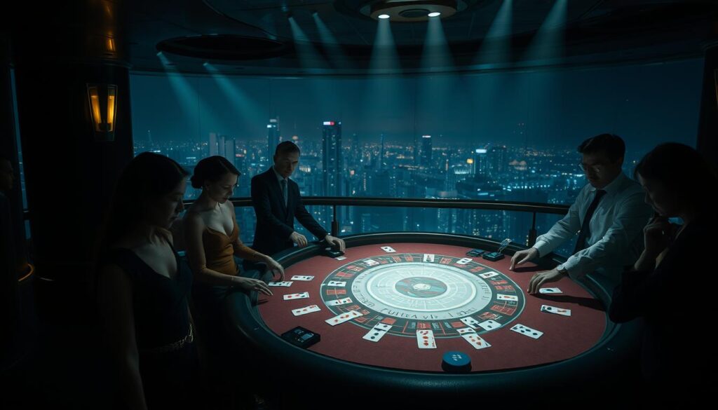 A dimly lit gambling hall, with a central baccarat table casting an ethereal glow. Elegant casino-goers, in formal attire, navigate the scene with a sense of cautious contemplation. The table is adorned with luxurious materials, the cards carefully shuffled by a seasoned dealer. Soft lighting casts dramatic shadows, heightening the tension and strategic decision-making of the players. In the background, a panoramic view of the city skyline serves as a reminder of the high stakes and potential rewards of the game. The atmosphere is one of calculated risk, where discipline and foresight are the keys to managing the inherent volatility of baccarat.