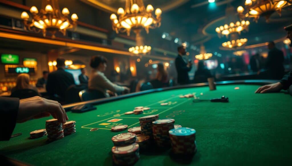 A dimly lit gambling table in a luxurious casino, the green felt surface accentuated by the warm glow of overhead chandeliers. On the table, poker chips of various denominations are neatly arranged, awaiting the strategic placement of bets. In the foreground, a player's hand hovers over the chips, carefully considering the optimal betting strategy. The atmosphere is one of tense concentration, the air thick with the anticipation of the next move. The background is hazy, with the silhouettes of other players and the distant chatter of the casino creating a sense of the bustling environment. Soft shadows accentuate the drama of the scene, highlighting the importance of the decision at hand.