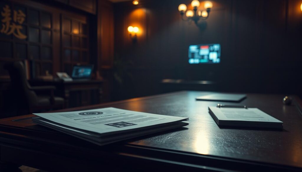 A dimly lit government office, soft shadows cast across a heavy wooden desk. On the desktop, official-looking documents and seals, hinting at the legal framework governing Taiwan's gambling laws. In the background, a faint glow from a laptop screen, suggesting the digital realm of online gaming platforms. The lighting is warm yet somber, conveying the gravity and complexity of the regulatory environment. The scene exudes an air of authority, professionalism, and the weight of government oversight, capturing the essence of "Taiwan's Gambling Legal Framework".