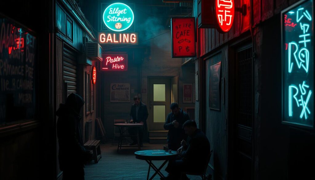 A dimly lit, gritty alleyway in a seedy urban district, illuminated by the flickering neon signs of an illicit gambling den. The air is thick with tension and the scent of cigarette smoke. In the foreground, a group of shady figures huddled around a makeshift card table, their faces obscured by shadows. The middle ground reveals a nondescript entrance, the only indication of the underground establishment within. In the background, a sense of urban decay and neglect, with crumbling walls and discarded debris. The scene evokes a palpable air of danger and the constant risk of legal consequences for those who partake in such unlawful activities.