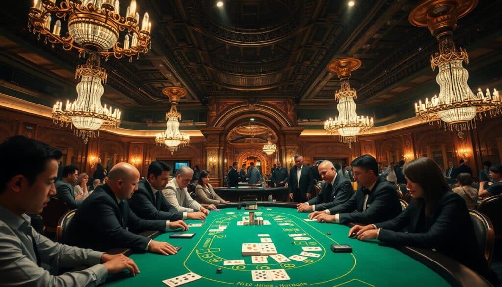 A dimly lit, luxurious Baccarat casino interior, with ornate chandeliers casting a warm glow over the green felt gaming tables. In the foreground, a high-stakes Baccarat game is in progress, with players intently focused on the cards being dealt, the tension palpable. The middle ground features well-dressed patrons observing the game, their expressions a mix of excitement and anticipation. In the background, a panoramic view of the casino's opulent decor, including intricate architectural details and plush furnishings, creating an atmosphere of exclusivity and sophistication. The overall scene conveys the allure and captivating nature of the Baccarat gaming experience.