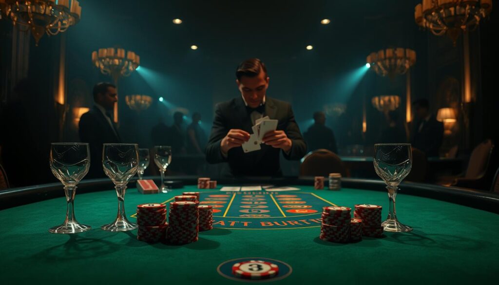 A dimly lit, luxurious casino interior, featuring a green felt Baccarat table in the foreground. The table is adorned with elegant crystal glassware and neatly stacked casino chips. In the middle ground, a croupier expertly deals cards, their movements captured in a dramatic chiaroscuro lighting. The background is hazy, with silhouettes of patrons observing the game with rapt attention. The overall atmosphere is one of refined sophistication and high-stakes excitement, setting the stage for a masterclass in Baccarat card counting.