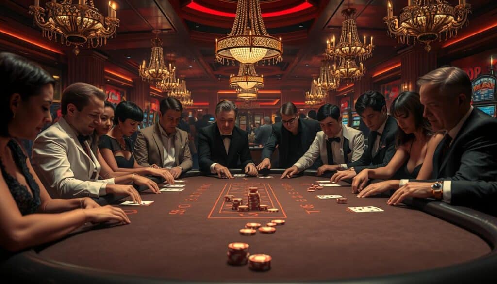 A dimly lit, luxurious casino interior, the warm glow of chandeliers casting a seductive ambiance. At the center, a baccarat table surrounded by well-dressed patrons, their faces alight with anticipation as they lean in, captivated by the game's allure. The felt surface gleams under the soft lighting, cards being dealt with a flourish, chips cascading across the table in a symphony of sound and movement. In the background, the faint murmur of conversation and the gentle chime of slot machines, creating an atmosphere of excitement and possibility. The scene conveys the irresistible charm of baccarat, where luck, strategy, and the thrill of the unknown converge to captivate the senses.