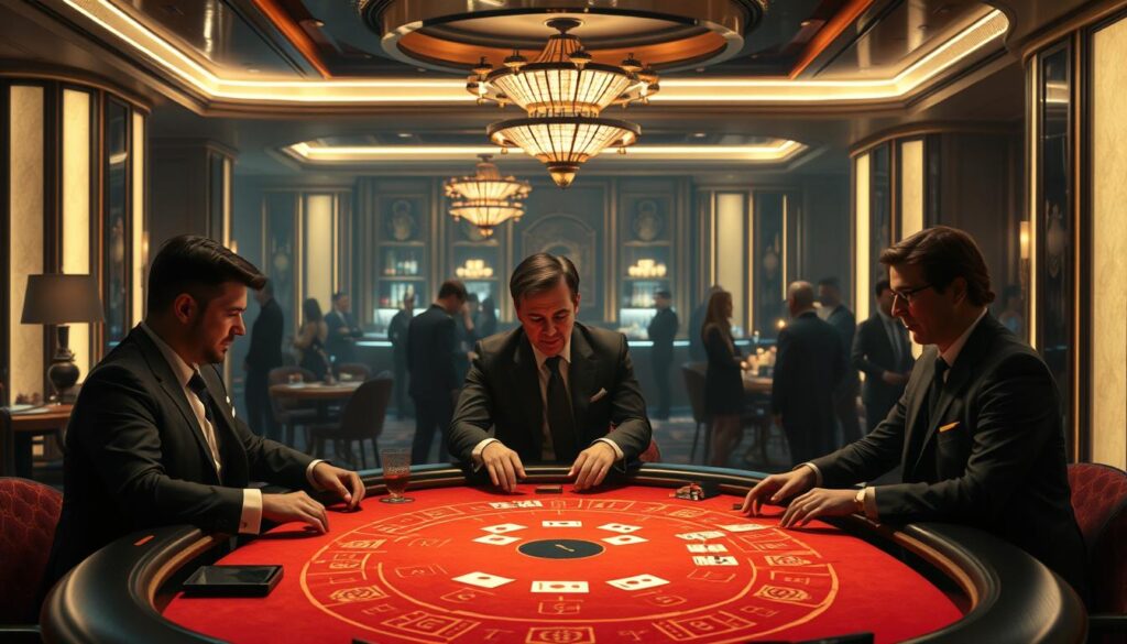 A dimly lit, luxurious casino interior with a baccarat table in the foreground. The table is illuminated by soft, warm lighting, casting a inviting glow. Experienced croupiers in tailored uniforms are dealing cards, their movements precise and practiced. Wealthy patrons sit around the table, their faces a mixture of concentration and excitement. In the background, a lavish bar and lounge area can be seen, where well-dressed guests converse and sip drinks. The scene conveys an atmosphere of exclusivity, high-stakes thrills, and the mastery of the baccarat game.