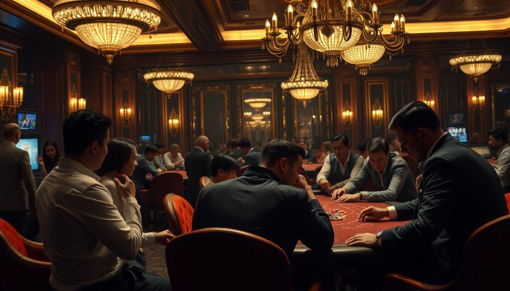 A dimly lit, luxurious casino interior, with customers engaged in lively discussions at the baccarat tables. Plush velvet chairs, ornate chandeliers, and the subtle gleam of polished wood create an atmosphere of refined elegance. Dealers in crisp uniforms expertly manage the game, as patrons lean in, their expressions animated with anticipation. The soft murmur of conversation and the occasional clink of chips add to the ambiance, conveying the thrill and excitement of high-stakes gambling in a premier casino setting. Warm, golden lighting casts a flattering glow, and sharp, high-contrast shadows define the scene, lending a sense of drama and intensity. The overall impression is one of an exclusive, premier gaming establishment catering to a discerning clientele.