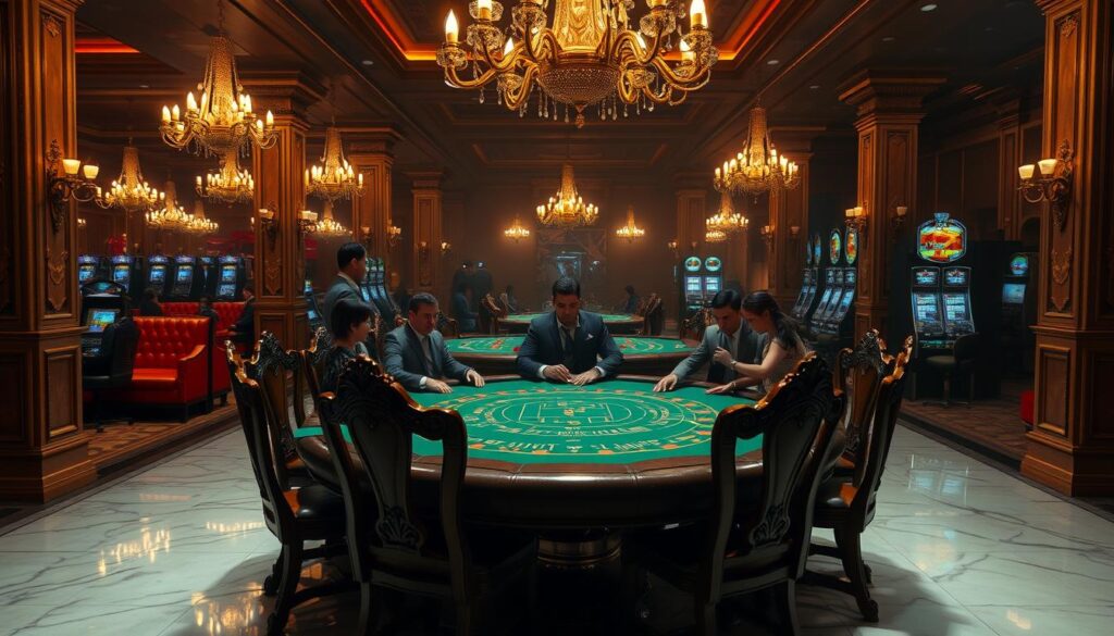 A dimly-lit, luxurious casino interior with elegant chandeliers casting a warm glow over the polished marble floors. A large, green felt-topped baccarat table sits prominently in the foreground, surrounded by ornate wooden chairs. Wealthy-looking patrons intently focus on the game, their expressions a mixture of concentration and anticipation. The table is framed by plush, red leather couches and ornate columns, creating a sense of exclusivity and opulence. The background is hazy, with glimpses of additional gaming tables and slot machines, reflecting the bustling energy of the casino. The scene evokes the thrill and tension of high-stakes baccarat, capturing the essence of the "百家樂賭場心得" gaming experience.