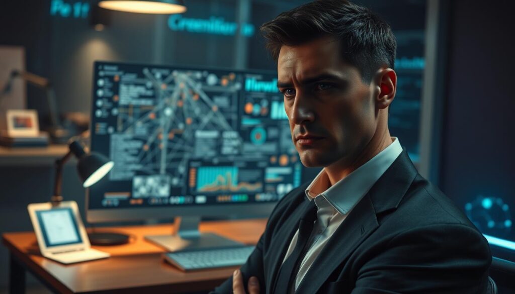 A dimly lit, modern office setting with a sleek, high-tech computer setup on a sturdy wooden desk. The computer screen displays a complex web of digital connections, graphs, and analytics, hinting at the intricate challenges of online gambling security. In the foreground, a serious-looking person, dressed in a crisp business attire, is deep in thought, their expression conveying the weight of the task at hand. The background is slightly blurred, emphasizing the focus on the computer screen and the individual's contemplation. The lighting is a mix of warm, ambient tones and cool, digital hues, creating an atmosphere of professionalism and technological sophistication. An air of concentration and problem-solving permeates the scene, reflecting the complexities of navigating the challenges of online gambling security.
