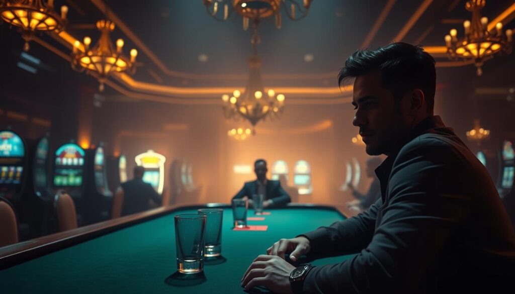 A dimly lit, moody casino scene. In the foreground, a person sitting at a baccarat table, their expression pensive and intense. The table's green felt and elegant glass tumblers create a sense of high-stakes elegance. In the middle ground, the silhouettes of other players, their faces obscured, creating an air of mystery. The background is hazy, with the faint outlines of slot machines and chandeliers, suggesting the grandeur and allure of the casino environment. Warm, golden lighting casts dramatic shadows, emphasizing the tension and concentration of the moment. The overall atmosphere conveys the complexities and misconceptions surrounding the game of baccarat.