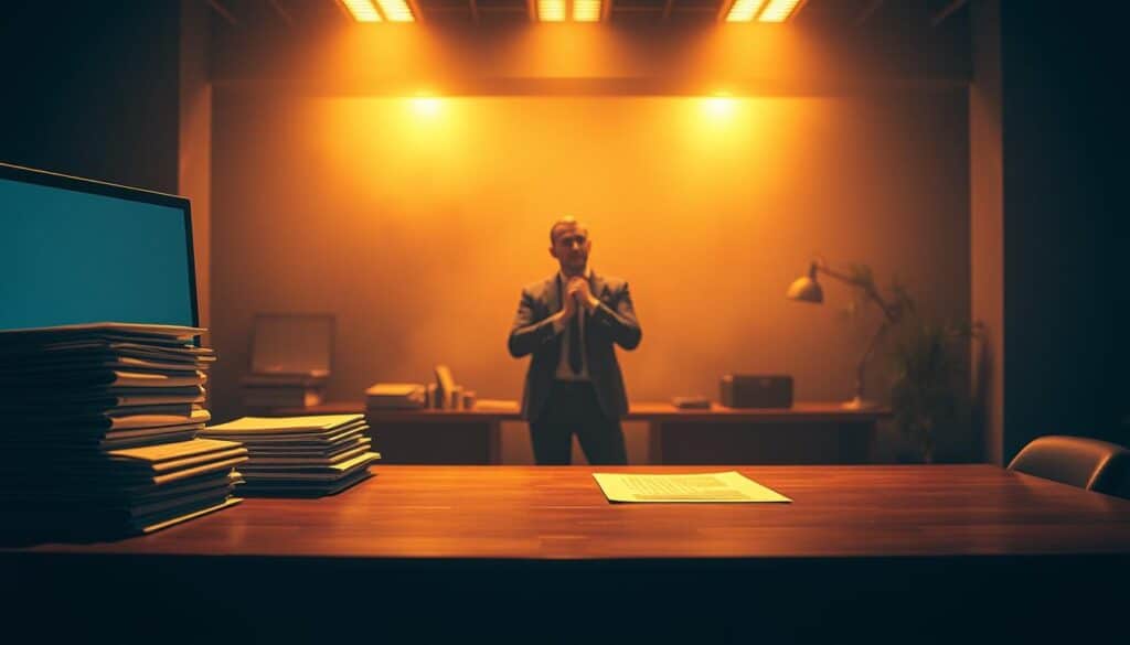 A dimly lit office interior, with a large wooden desk in the foreground. Stacks of legal documents and a computer monitor sit atop the desk, casting a soft glow. In the middle ground, a businessman in a suit stands, deep in contemplation, hand on chin. The background is hazy, with a sense of tension and unease, hinting at the legal complexities and risks associated with gambling regulations. Warm, directional lighting illuminates the scene, creating a sense of drama and seriousness. The overall mood is one of careful deliberation and the weight of legal responsibility.