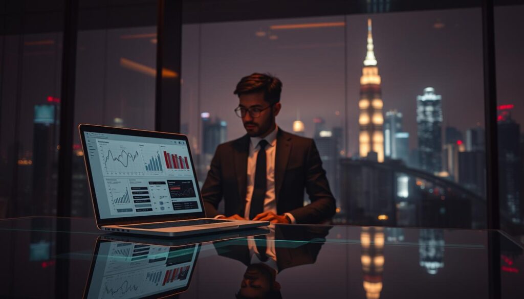 A dimly lit office setting, with a sleek glass-topped desk in the foreground. On the desk, a laptop displays intricate charts and graphs, illuminating the scene with a soft glow. In the middle ground, a person in a tailored suit ponders the data, a contemplative expression on their face. The background features a panoramic view of a bustling city skyline, symbolizing the broader context and implications of the data analysis. The lighting is warm and moody, creating an atmosphere of deep focus and strategic thinking. The overall composition conveys the application of data-driven insights to navigate the complexities of the baccarat gaming industry.