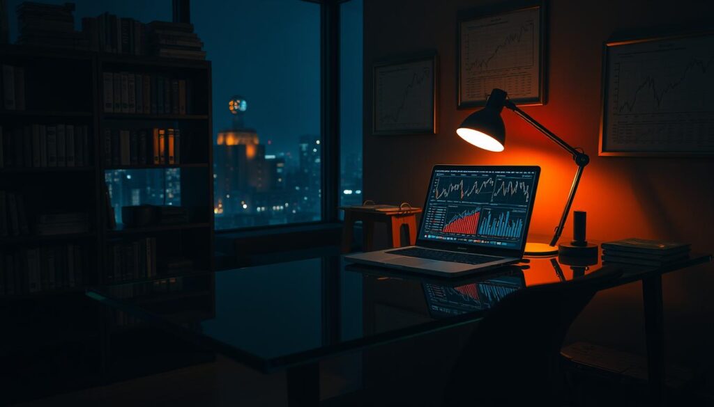 A dimly lit office space, with a sleek glass desk and ergonomic chair. On the desk, a laptop displays intricate statistical data charts and graphs, illuminated by a warm desk lamp. The walls are adorned with shelves of reference books and framed stock market graphs, creating an academic and analytical atmosphere. The faint glow of a cityscape visible through the window, suggesting the late hours spent poring over the data. The scene exudes a sense of deep concentration and the pursuit of insights from numerical information.