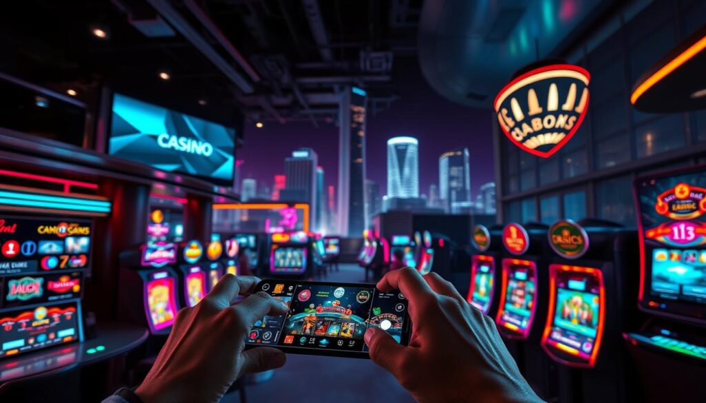 A dimly lit online casino lobby, the warm glow of digital screens and neon lights creating an inviting yet futuristic atmosphere. In the foreground, a player's hands navigate a sleek, responsive mobile interface, accessing a wide array of casino games with just a few taps. The middle ground showcases the variety of games available, from classic table games to modern slot machines, all rendered in vibrant, high-definition graphics. In the background, a cityscape of towering skyscrapers and sleek, minimalist architecture hints at the ubiquity and convenience of online gambling in the digital age. The overall scene conveys the seamless integration of technology and entertainment, making the online casino experience accessible and engaging.