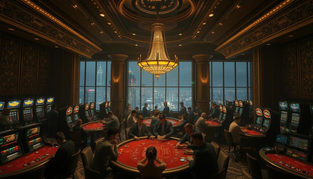 A dimly lit, opulent casino interior filled with gambling tables and slot machines. The air is thick with anticipation and the sound of chips clinking. In the center, an ornate chandelier casts a warm glow over the scene. Patrons sit around a felt-topped baccarat table, their faces alight with concentration as they place their bets. The tables are flanked by tall, gilded columns and walls adorned with intricate, gilded patterns. In the background, a series of large windows offer a glimpse of the bustling city outside, creating a stark contrast between the indulgent casino and the world beyond.