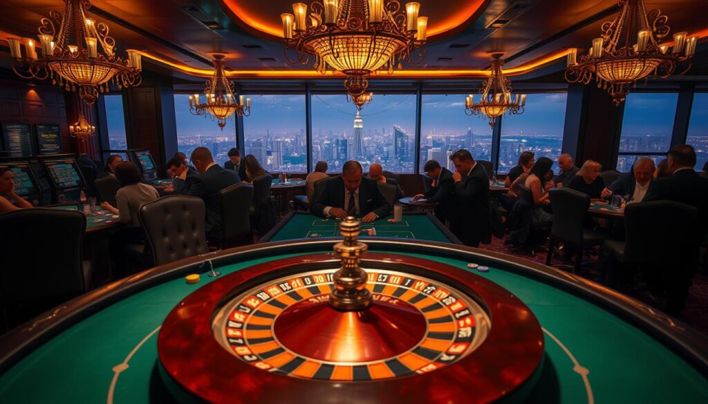 A dimly lit, opulent casino interior, with ornate chandeliers casting a warm glow. In the foreground, a roulette table takes center stage, its spinning wheel and gleaming chips capturing the attention. Surrounding it, high-backed leather chairs and plush carpeting evoke an air of sophistication. In the middle ground, well-dressed patrons lean in, focused on the game, their faces illuminated by the table's green felt. In the background, a panoramic view of the city skyline can be seen through large windows, hinting at the allure and potential rewards of the casino experience. The overall atmosphere is one of anticipation and excitement, perfectly capturing the essence of "賭場回報率".