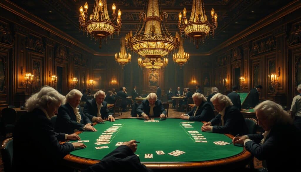 A dimly lit, ornate Italian gaming hall from the 18th century. The foreground features a lavish, green-felted baccarat table surrounded by men in powdered wigs and elegant attire, intensely focused on their cards. The middle ground showcases gilded chandeliers casting a warm glow, and intricately carved wood paneling lining the walls. In the background, a lively scene of other gaming tables and well-dressed patrons mingling and conversing. The atmosphere is one of refined sophistication and high-stakes excitement, capturing the early spread of baccarat from its Italian origins.