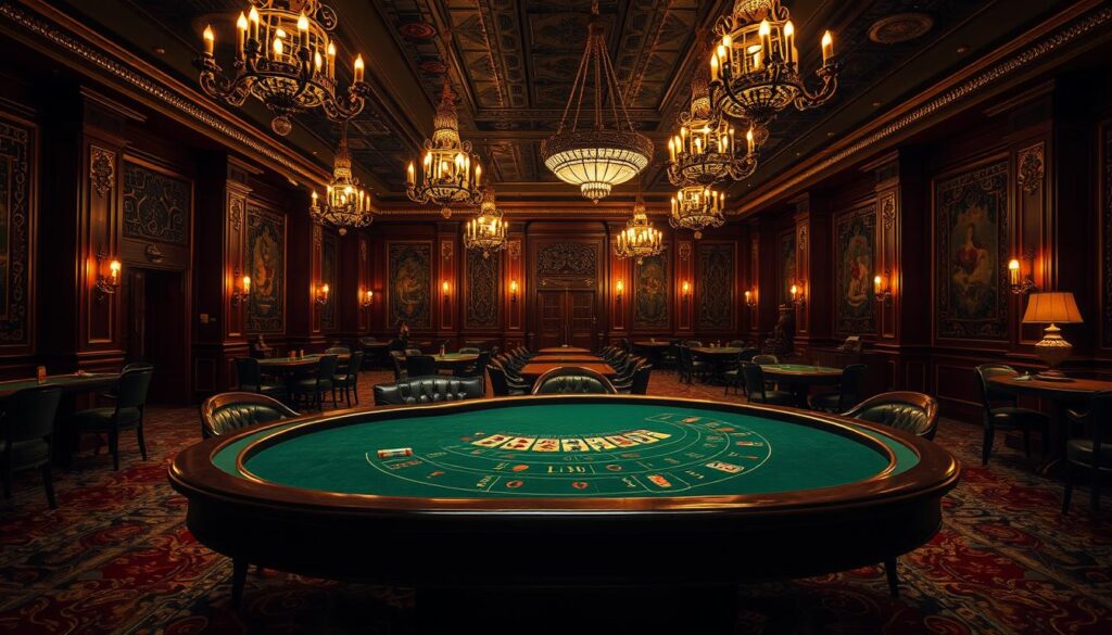 A dimly lit, ornate casino interior from the early 20th century. The focal point is a classic baccarat table, with green felt surface and mahogany trim. Elegant chandeliers cast a warm, golden glow over the scene. In the background, richly decorated walls, patterned carpets, and wooden casino furniture evoke a timeless atmosphere of high-stakes gambling. A sense of history and tradition permeates the image, hinting at the origins and evolution of the baccarat game over the centuries.