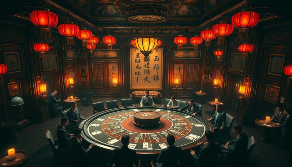 A dimly lit, ornate casino interior in a classical Chinese architectural style, with intricate wooden carvings, red lanterns, and the faint sound of shuffling cards. In the center, a circular baccarat table is surrounded by elegantly dressed patrons, their faces illuminated by the warm glow of candles. The walls are adorned with ancient calligraphic scrolls and gilded panels, hinting at the game's rich history. The atmosphere is one of refined sophistication and timeless tradition, with a touch of mystique and anticipation for the unfolding game.
