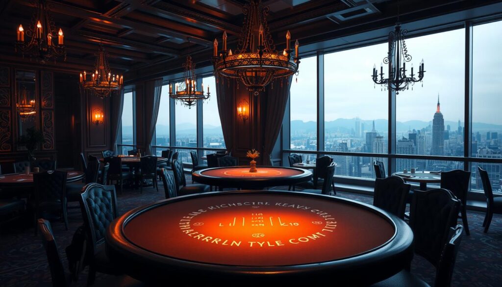 A dimly lit, ornate casino interior with a central baccarat table illuminated by a warm spotlight. The table features the classic felt layout and is surrounded by elegant wooden chairs. Chandeliers and sconces cast a soft, atmospheric glow, creating a sense of timeless sophistication. In the background, a panoramic view of a bustling city skyline can be seen through large windows, hinting at the game's historical evolution and global influence. The overall composition conveys the rich history and allure of the baccarat variant, inviting the viewer to step into a world of refined gambling tradition.
