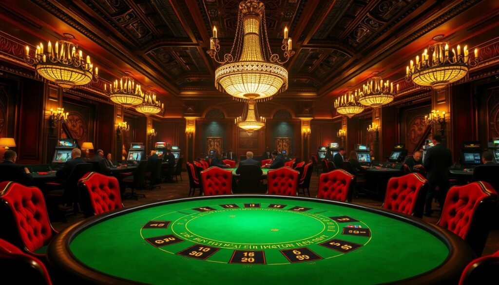 A dimly lit, ornate casino interior with plush red velvet chairs surrounding a green felt-topped baccarat table. The table is illuminated by a large, gilded chandelier casting warm, golden light. In the background, shadowy figures can be seen playing at other gaming tables, creating an atmosphere of mystery and high-stakes excitement. The image conveys the rich history and allure of the classic baccarat game, a timeless tradition in the world of high-end gambling.