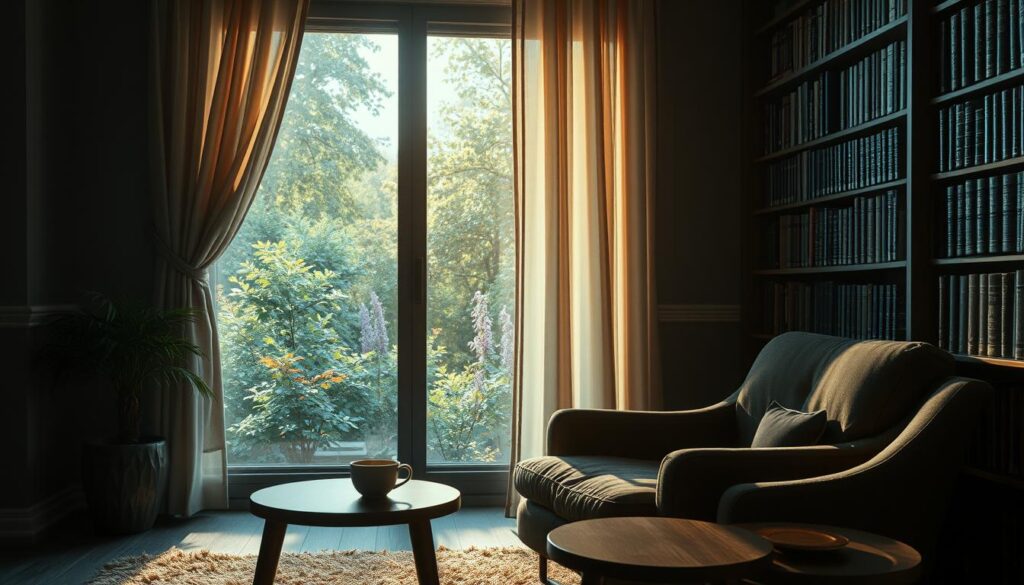 A dimly lit room, a cozy armchair positioned in the foreground, with a cup of steaming tea resting on a wooden side table. In the middle ground, a large window overlooks a tranquil garden, sunlight filtering through the sheer curtains, creating a soft, warm glow. The background features a bookshelf filled with well-worn volumes, lending an air of contemplation and introspection. The scene conveys a sense of calm, inviting the viewer to take a moment of respite, to pause and find a peaceful state of mind, reflecting the essence of "適時休息".