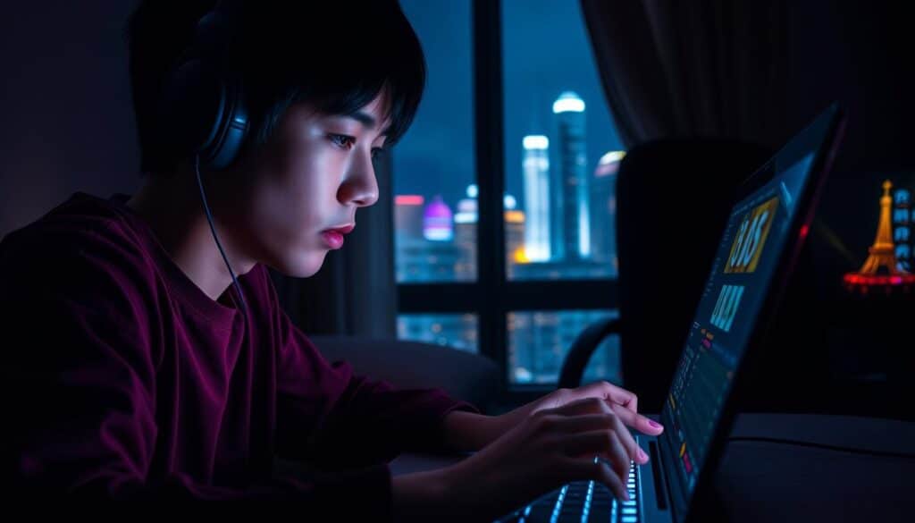 A dimly lit room, the glow of a laptop screen casting a soft light on a young Taiwanese gamer's face. They are intensely focused, fingers rapidly navigating the virtual world of online casino games. The atmosphere is a mix of excitement and concentration, with the sound of clicking keys and the occasional muffled cheer. In the background, a cityscape of Taipei's skyscrapers can be seen through the window, a reminder of the modern, tech-savvy nature of this gaming experience. The image conveys the immersive, almost clandestine nature of Taiwan's online gambling culture, where players seek thrills and potential windfalls from the comfort of their own homes.