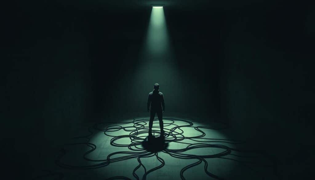 A dimly lit room, the walls closing in, as a person stands trapped in a maze of their own thoughts. Shadows cast on the floor, tracing a web of psychological pitfalls, each step a potential misstep. Overhead, a single beam of light cuts through the gloom, illuminating the moments of clarity amidst the chaos. The figure, wracked with indecision, grasps at strands of rational thought, hoping to find a way out of the mind's own snare. Rendered in a muted, monochromatic palette, the scene evokes a sense of unease and the weighted burden of internal conflicts.