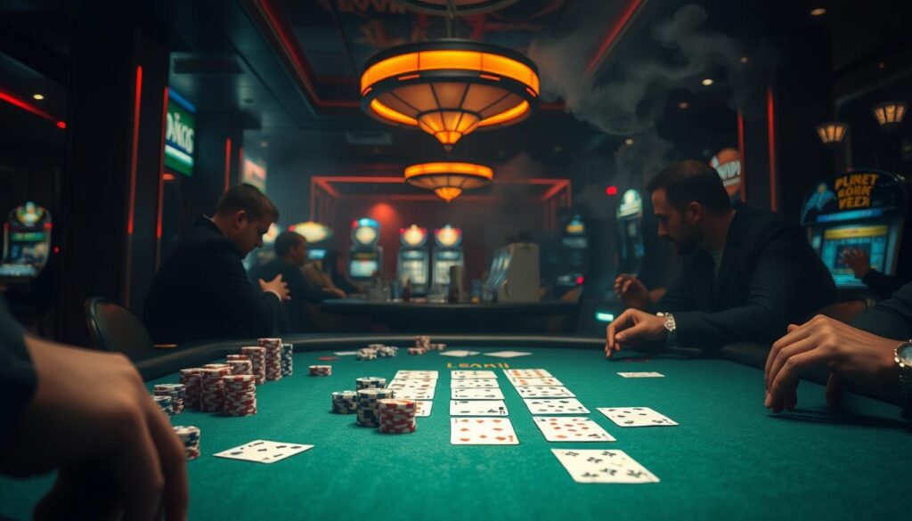 A dimly lit, smoky casino interior. In the foreground, a green baize table with casino chips and playing cards carefully arranged, symbolizing the various betting strategies common in baccarat. The middle ground features players intently focused on their hands, studying the patterns and making calculated decisions. In the background, the hazy glow of neon lights and the faint sounds of slot machines create an atmosphere of excitement and anticipation. The lighting is dramatic, casting shadows and highlighting the tension of the game. The camera angle is slightly elevated, giving a sense of observing the scene from an elevated vantage point.
