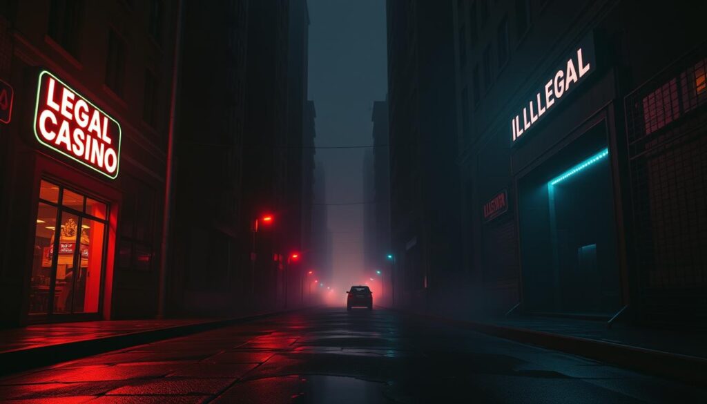 A dimly lit street, with the silhouettes of towering buildings on either side. On the left, a neon sign flashes "LEGAL CASINO", while on the right, a shadowy, clandestine entrance leads to an "ILLEGAL CASINO". The contrast between the two is stark, with the legal casino bathed in a warm, inviting glow, while the illegal one is shrouded in an ominous, foreboding darkness. The ground is wet, reflecting the neon lights, and a light fog hangs in the air, adding to the sense of mystery and tension. The camera is positioned at a slight angle, creating a sense of depth and emphasizing the divide between the two worlds. The overall mood is one of intrigue and unease, hinting at the complexities and challenges faced in distinguishing the legal from the illicit in the world of online gambling.