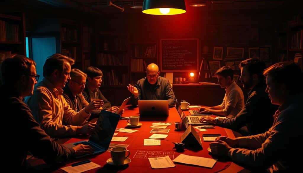A dimly lit study room, with a group of people gathered around a large table, intently discussing the nuances of Baccarat strategy. The scene is bathed in a warm, amber glow, casting shadows that add depth and drama. In the foreground, a seasoned player gesticulates, sharing hard-earned insights, while others listen, rapt with attention. The middle ground is filled with open laptops, betting slips, and cups of coffee, suggesting a dedicated community of learners. In the background, bookshelves and a chalkboard hint at the academic nature of this gathering, where the art of Baccarat is dissected and refined. The overall atmosphere conveys the importance of shared knowledge, collaboration, and the pursuit of mastery in this captivating game.