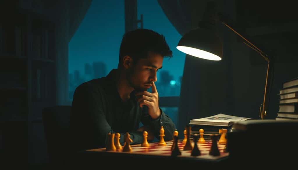 A dimly lit study, the soft glow of a desk lamp illuminating a chessboard and a stack of books on game theory. In the foreground, a pensive figure, deep in thought, their face reflected in the surface of the chessboard, a metaphor for the intricate psychological dynamics at play. The background is hazy, with a bookshelf and a window offering a glimpse of a night sky, suggesting the contemplative nature of the scene. The composition is balanced, with the figure's pose and the placement of the chessboard and books guiding the viewer's eye through the layers of the image. The overall atmosphere is one of quiet contemplation, hinting at the strategic depth and emotional complexity of the subject of "博弈心理學".