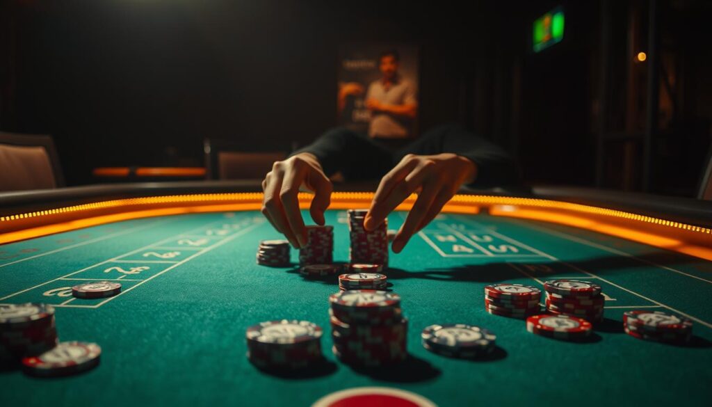 A dimly lit table, the green felt surface reflecting the warm glow of a single overhead lamp. Rows of casino chips in various denominations sit neatly arranged, each a symbol of the game at hand - Baccarat. The table's edge is adorned with a subtle, ornate pattern, hinting at the elegance and tradition of this classic casino pastime. In the center, a pair of elegant, tapered hands carefully arrange the chips, considering each placement with the precision of a seasoned player. The atmosphere is one of focus and anticipation, as the player contemplates their next strategic move, seeking to maximize their odds in this captivating game of chance.