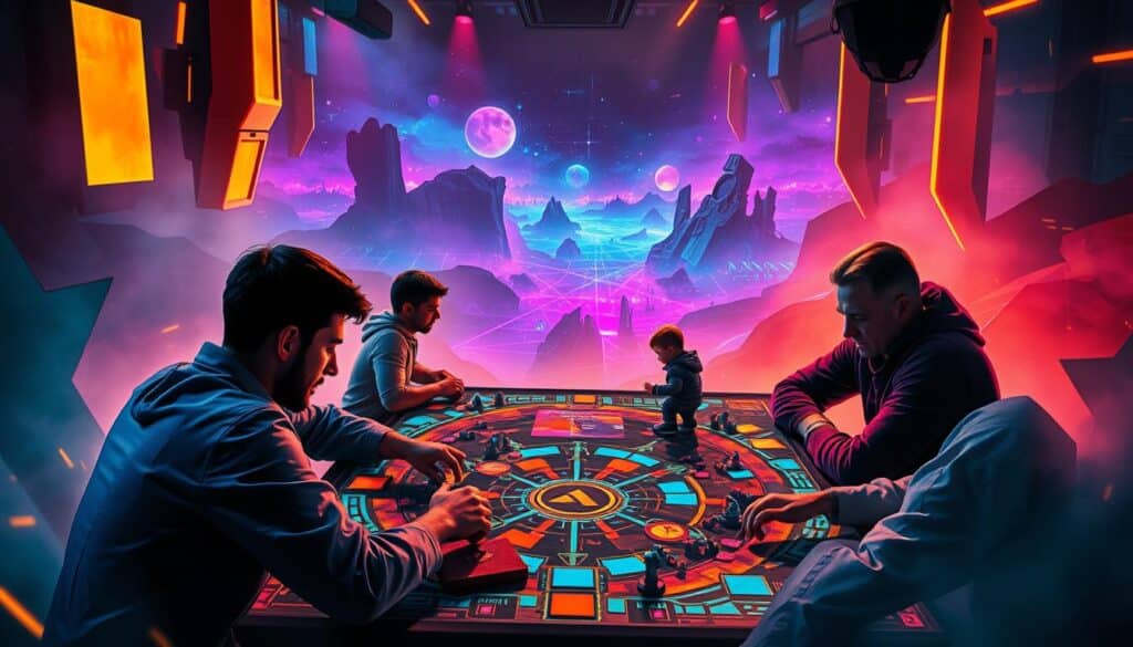 A dynamic and innovative board game design unfolds, featuring vibrant colors, geometric shapes, and a sense of strategic depth. In the foreground, a group of players engages in a captivating game session, their expressions focused and contemplative. The middle ground showcases a visually stunning game board, with intricate patterns and a sleek, modern aesthetic. The background is filled with a dreamlike, futuristic landscape, hinting at the limitless possibilities of game design and the evolution of interactive entertainment. Dramatic lighting casts dramatic shadows, creating a sense of depth and drama. The overall atmosphere conveys a balance of intellectual challenge and immersive creativity, reflecting the "博弈遊戲創意發展" theme.