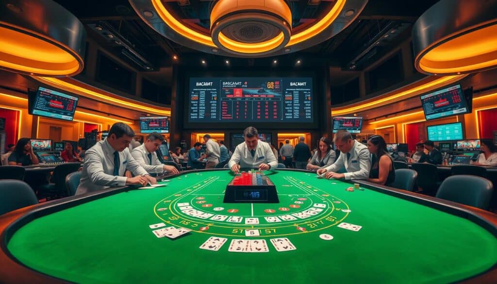 A dynamic casino table with a sleek, contemporary design. The green felt surface is illuminated by warm overhead lighting, creating a inviting ambiance. Dealers in crisp white uniforms shuffle cards and interact with engaged players around the table. In the background, large screens display live game statistics and betting odds, keeping the action fast-paced and exciting. The scene conveys the energy and thrill of an authentic baccarat gaming experience, ready to transport the viewer into the heart of the action.