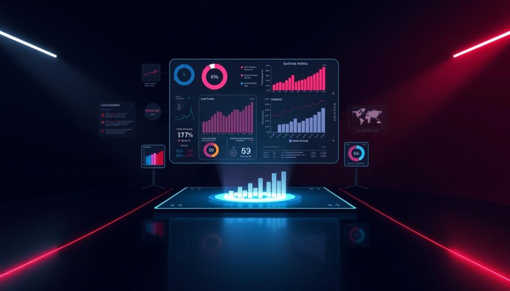 A dynamic, data-driven analysis of an online baccarat gaming platform, captured in a sleek, minimalist illustration. The scene depicts a holographic display hovering above a dark, reflective surface, presenting real-time charts, graphs, and infographics that visualize key performance metrics, user trends, and platform updates. Soft, directional lighting casts subtle shadows, creating depth and emphasizing the cutting-edge, high-tech aesthetic. The overall mood is one of technological sophistication, with a focus on delivering actionable insights to players and platform operators alike.