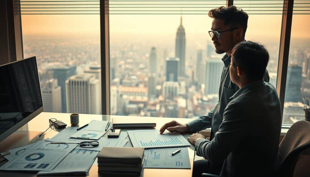 A financial advisor standing confidently in a well-lit office, surrounded by an orderly arrangement of charts, graphs, and financial documents. The advisor's expression conveys a sense of expertise and trustworthiness, as they explain the principles of effective money management to a client seated across the desk. The background features a panoramic window overlooking a bustling cityscape, suggesting the advisor's deep understanding of the broader economic landscape. Soft, warm lighting creates a professional yet approachable atmosphere, emphasizing the importance of responsible financial decision-making.