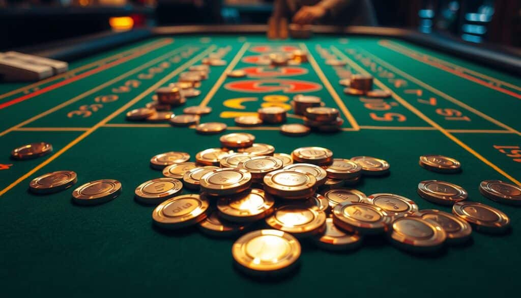 A finely crafted image of a casino baccarat table, the green felt surface a canvas for an array of golden gambling chips. The chips, varying in size and denomination, are meticulously arranged, their reflective surfaces catching the warm, dramatic lighting that casts subtle shadows across the scene. The table's edges are adorned with subtle details, hinting at the high-stakes excitement of the game. The composition is balanced, with a sense of depth and perspective that draws the viewer's eye towards the center of the table, where the focus of the image rests - the carefully considered choices of chip size and placement that can make or break a baccarat player's fortunes.