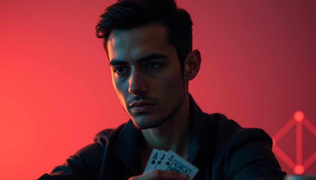 A focused, calm individual contemplates their successful Baccarat gameplay strategy, surrounded by a serene, minimalist environment. Soft, warm lighting illuminates their face, conveying a sense of confidence and control. In the background, subtle abstract shapes and patterns evoke the mathematical precision and analytical nature of effective Baccarat play. The composition emphasizes the player's mental discipline, emotional intelligence, and ability to navigate the game's complexities, key attributes for achieving consistent wins.