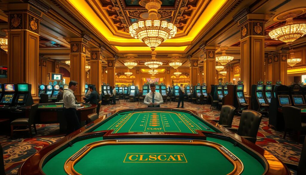 A grand and opulent casino interior, bathed in warm, inviting lighting. In the foreground, a luxurious baccarat table with green felt, gleaming wooden edges, and elegant gold accents. Dealers stand ready, their crisp uniforms and attentive postures exuding professionalism. The middle ground features high-backed leather chairs surrounding the table, inviting players to partake in the thrilling game. In the background, a sweeping vista of the casino floor unfolds, with rows of slot machines and gaming tables, all framed by ornate columns, chandeliers, and intricate architectural details that evoke a sense of timeless elegance. The overall atmosphere is one of sophisticated entertainment, where guests can indulge in the ultimate casino experience.